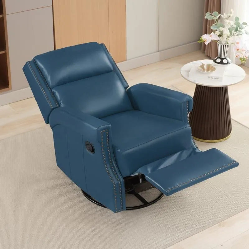 Fauteuil inclinable à bascule manuel en cuir véritable avec base pivotante en métal à 360 degrés