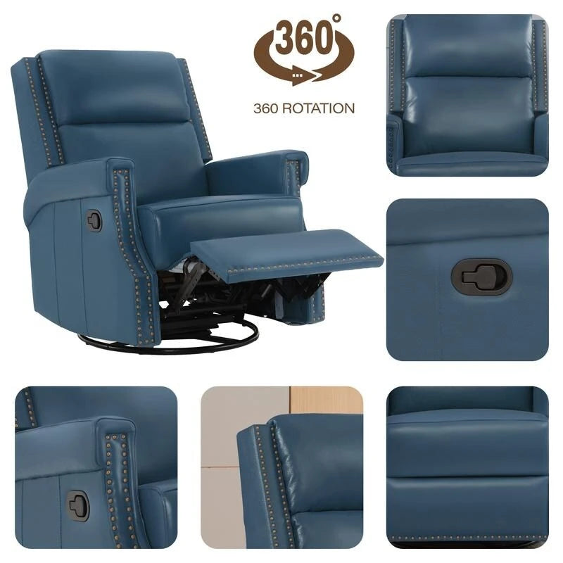 Fauteuil inclinable à bascule manuel en cuir véritable avec base pivotante en métal à 360 degrés