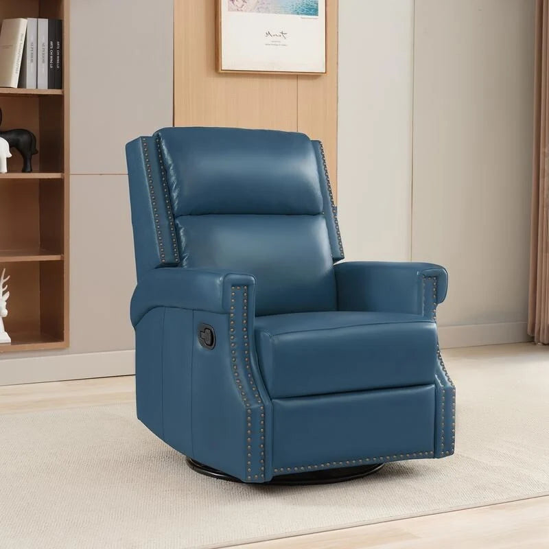 Fauteuil inclinable à bascule manuel en cuir véritable avec base pivotante en métal à 360 degrés