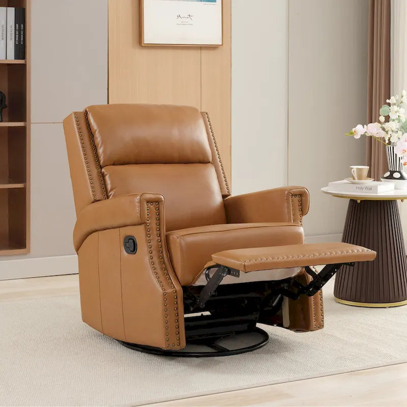 Fauteuil inclinable à bascule manuel en cuir véritable avec base pivotante en métal à 360 degrés