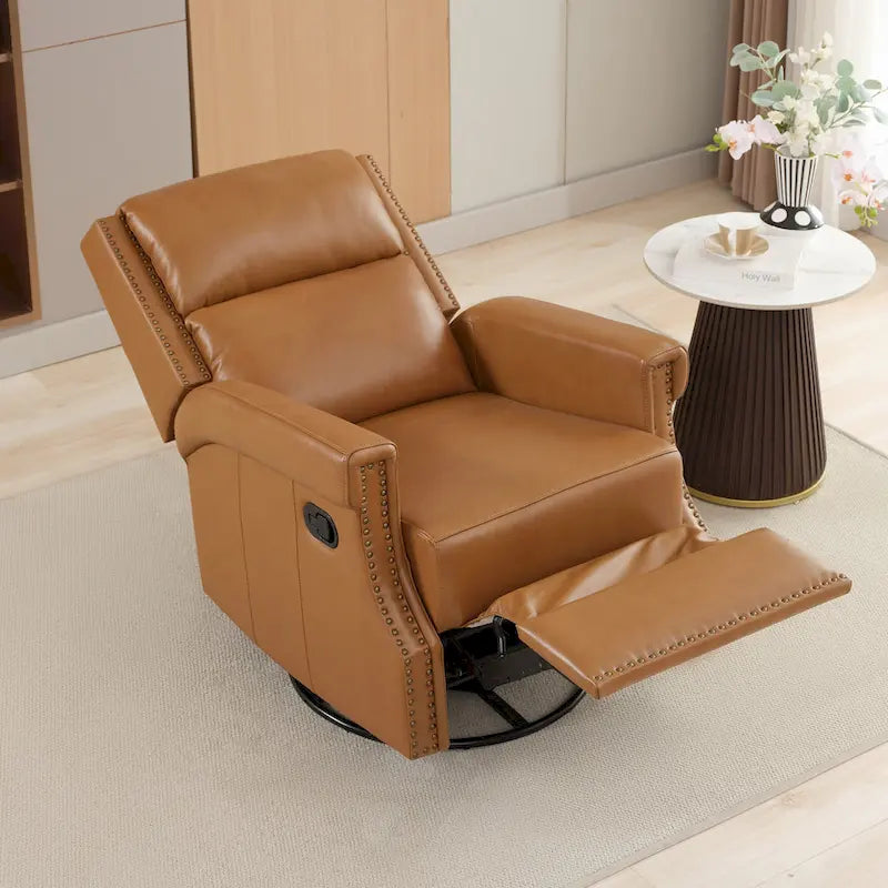 Fauteuil inclinable à bascule manuel en cuir véritable avec base pivotante en métal à 360 degrés