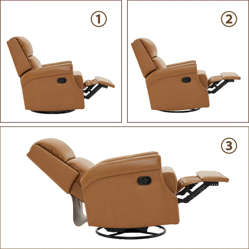 Fauteuil inclinable à bascule manuel en cuir véritable avec base pivotante en métal à 360 degrés