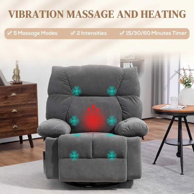 Fauteuil de massage vibrant inclinable HOMCOM gris foncé avec chauffage, fauteuil à bascule pivotant surdimensionné, canapé simple