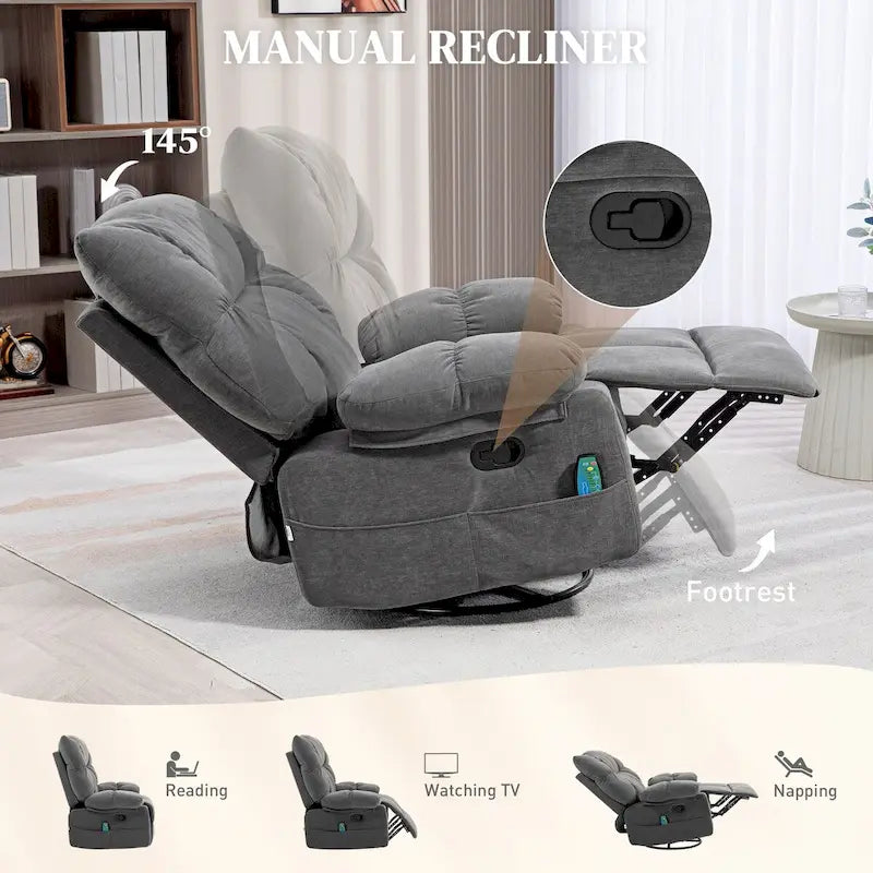 Fauteuil de massage vibrant inclinable HOMCOM gris foncé avec chauffage, fauteuil à bascule pivotant surdimensionné, canapé simple