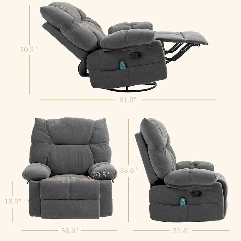 Fauteuil de massage vibrant inclinable HOMCOM gris foncé avec chauffage, fauteuil à bascule pivotant surdimensionné, canapé simple