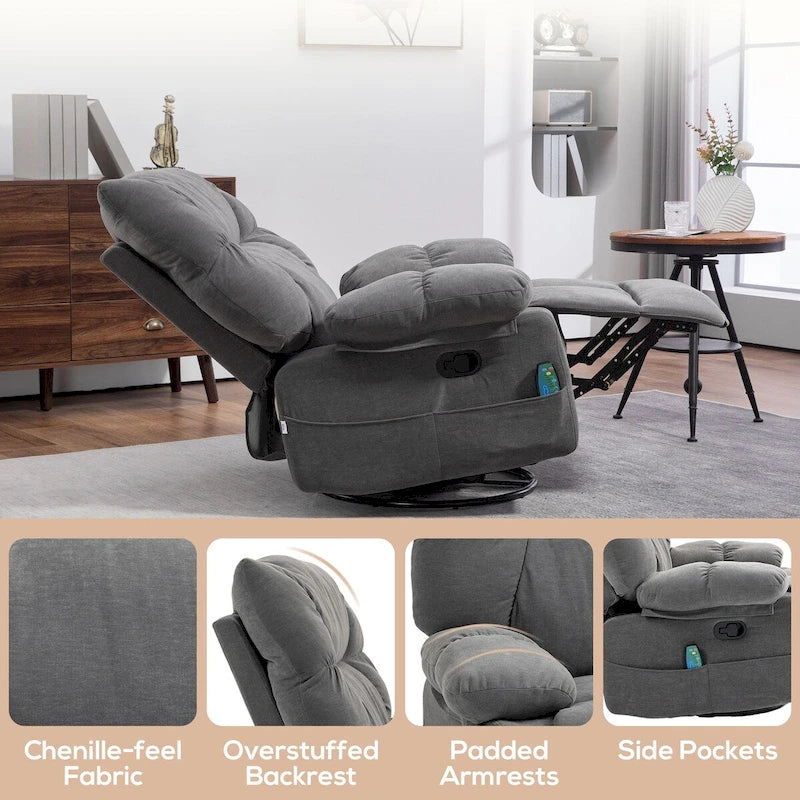 Fauteuil de massage vibrant inclinable HOMCOM gris foncé avec chauffage, fauteuil à bascule pivotant surdimensionné, canapé simple