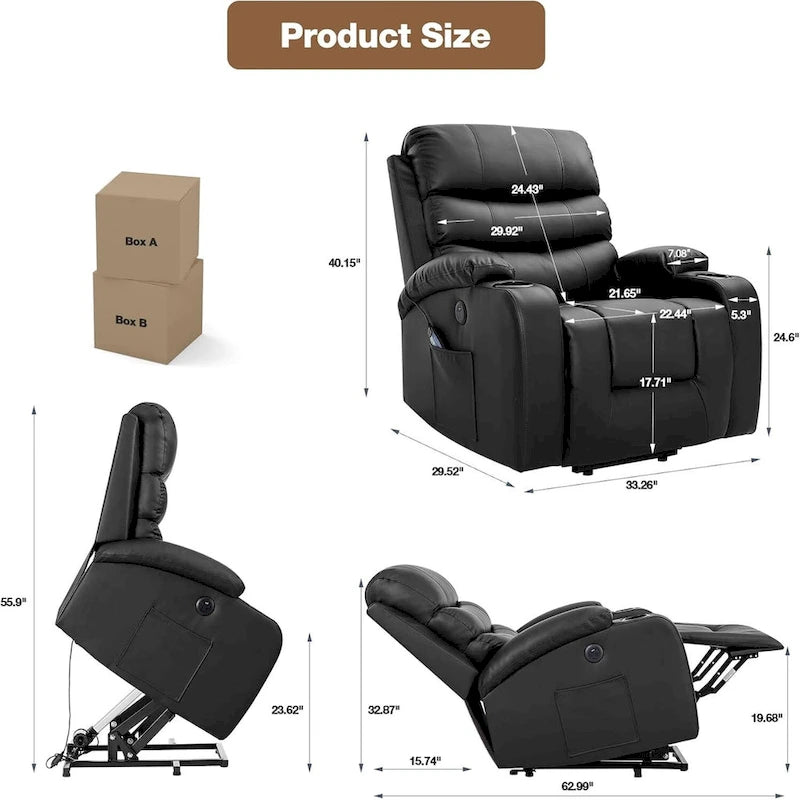 Fauteuil inclinable EROMMY Power Lift extra large avec massage et chauffage, en cuir PU avec poches, porte-gobelets et port USB