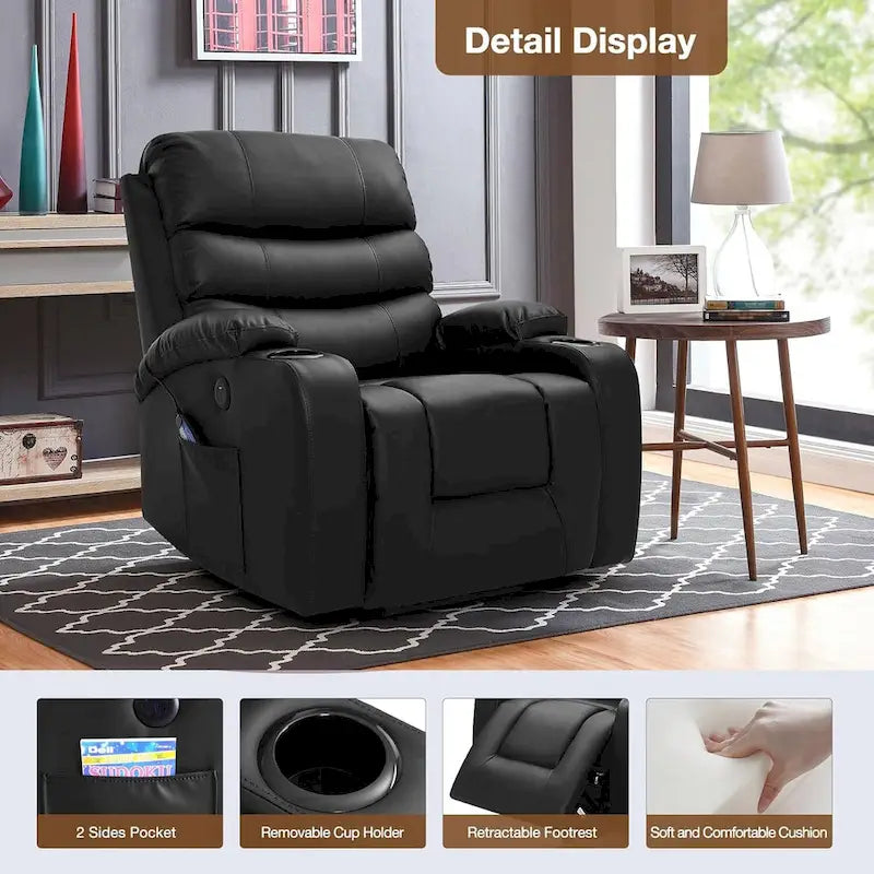 Fauteuil inclinable EROMMY Power Lift extra large avec massage et chauffage, en cuir PU avec poches, porte-gobelets et port USB