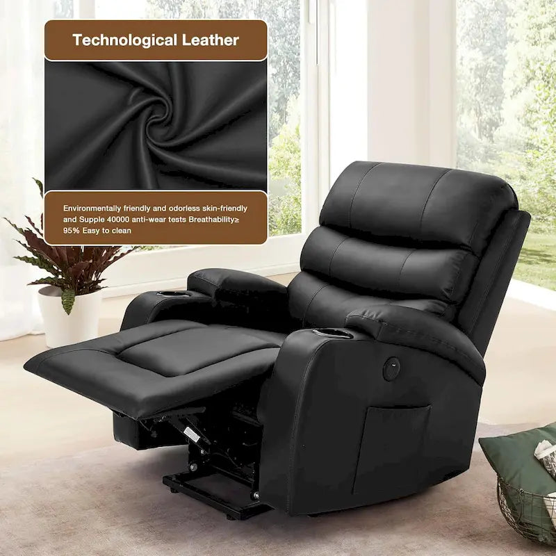 Fauteuil inclinable EROMMY Power Lift extra large avec massage et chauffage, en cuir PU avec poches, porte-gobelets et port USB