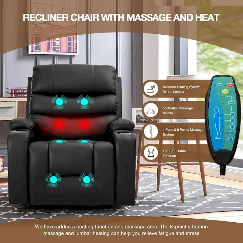 Fauteuil inclinable EROMMY Power Lift extra large avec massage et chauffage, en cuir PU avec poches, porte-gobelets et port USB