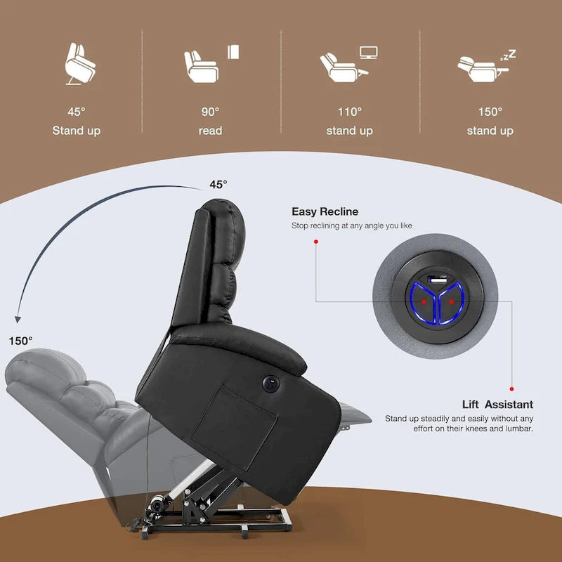 Fauteuil inclinable EROMMY Power Lift extra large avec massage et chauffage, en cuir PU avec poches, porte-gobelets et port USB