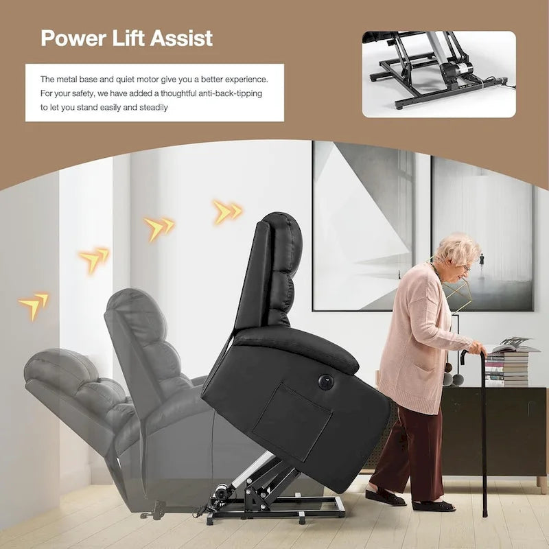 Fauteuil inclinable EROMMY Power Lift extra large avec massage et chauffage, en cuir PU avec poches, porte-gobelets et port USB
