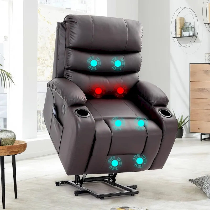 Fauteuil inclinable EROMMY Power Lift extra large avec massage et chauffage, en cuir PU avec poches, porte-gobelets et port USB