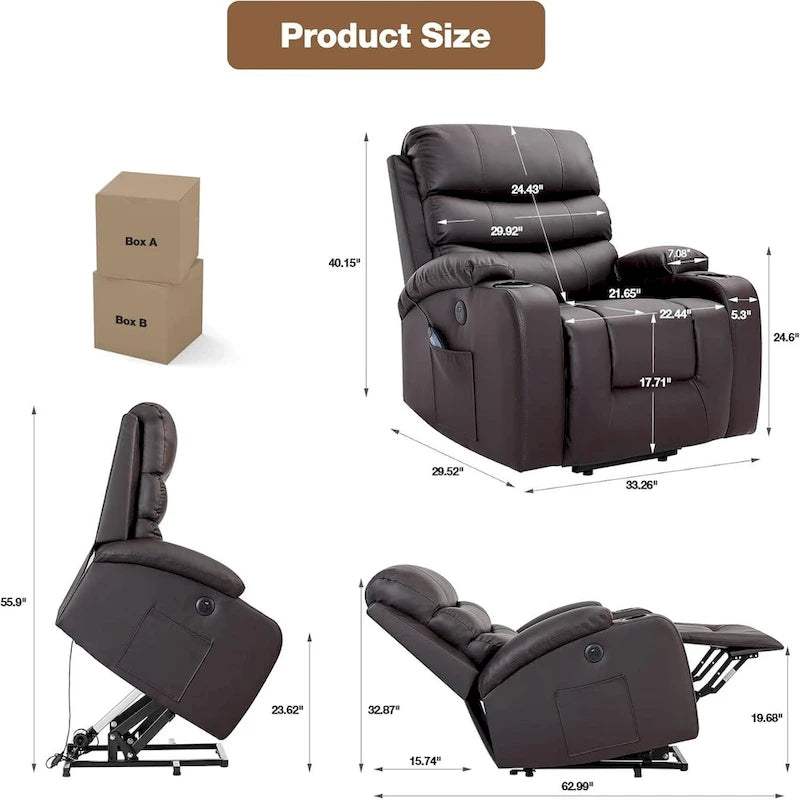 Fauteuil inclinable EROMMY Power Lift extra large avec massage et chauffage, en cuir PU avec poches, porte-gobelets et port USB