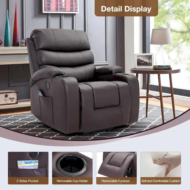 Fauteuil inclinable EROMMY Power Lift extra large avec massage et chauffage, en cuir PU avec poches, porte-gobelets et port USB