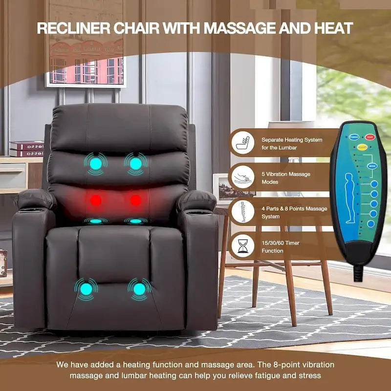 Fauteuil inclinable EROMMY Power Lift extra large avec massage et chauffage, en cuir PU avec poches, porte-gobelets et port USB