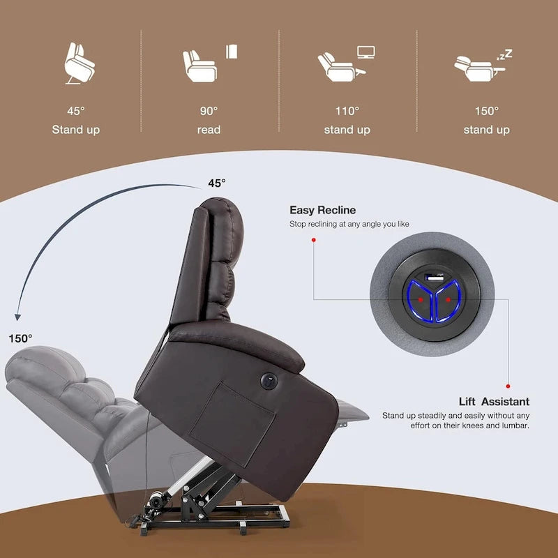 Fauteuil inclinable EROMMY Power Lift extra large avec massage et chauffage, en cuir PU avec poches, porte-gobelets et port USB
