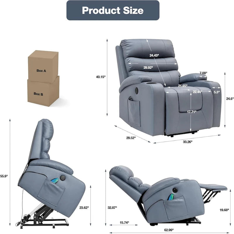 Fauteuil inclinable EROMMY Power Lift extra large avec massage et chauffage, en cuir PU avec poches, porte-gobelets et port USB