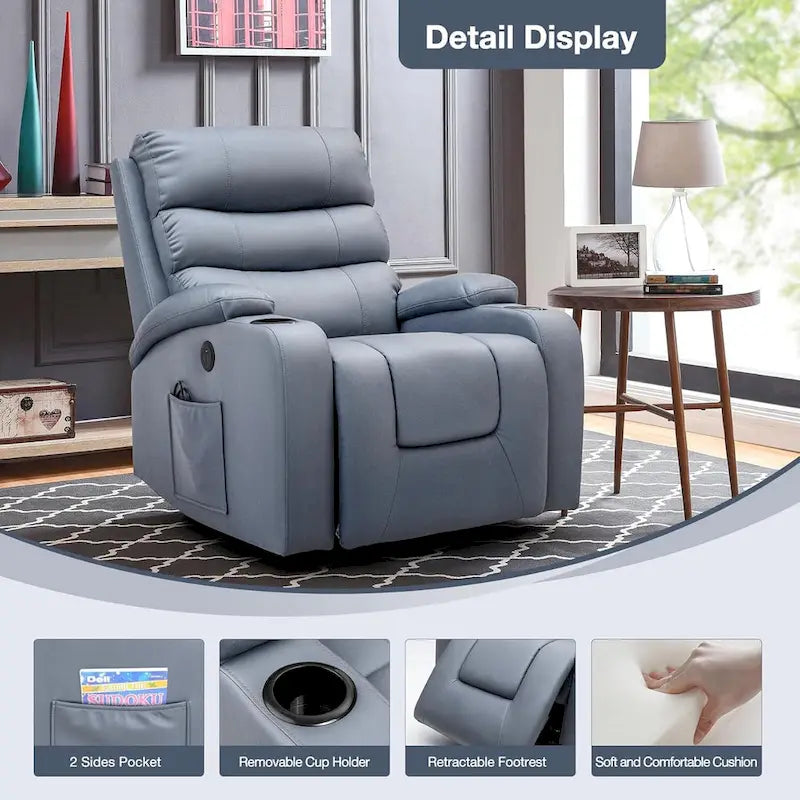Fauteuil inclinable EROMMY Power Lift extra large avec massage et chauffage, en cuir PU avec poches, porte-gobelets et port USB