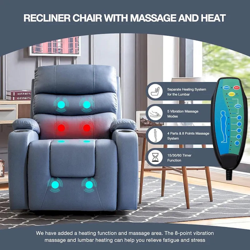 Fauteuil inclinable EROMMY Power Lift extra large avec massage et chauffage, en cuir PU avec poches, porte-gobelets et port USB