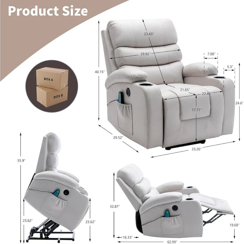Fauteuil inclinable EROMMY Power Lift extra large avec massage et chauffage, en cuir PU avec poches, porte-gobelets et port USB