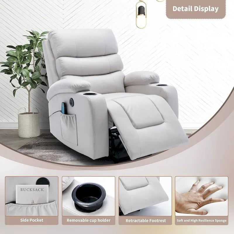 Fauteuil inclinable EROMMY Power Lift extra large avec massage et chauffage, en cuir PU avec poches, porte-gobelets et port USB