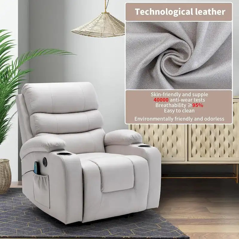 Fauteuil inclinable EROMMY Power Lift extra large avec massage et chauffage, en cuir PU avec poches, porte-gobelets et port USB