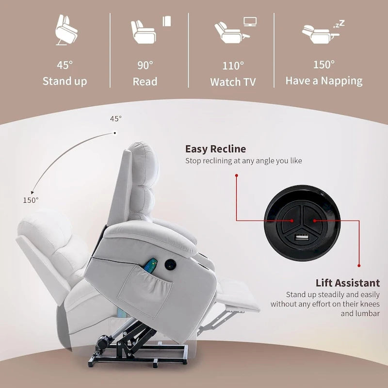 Fauteuil inclinable EROMMY Power Lift extra large avec massage et chauffage, en cuir PU avec poches, porte-gobelets et port USB