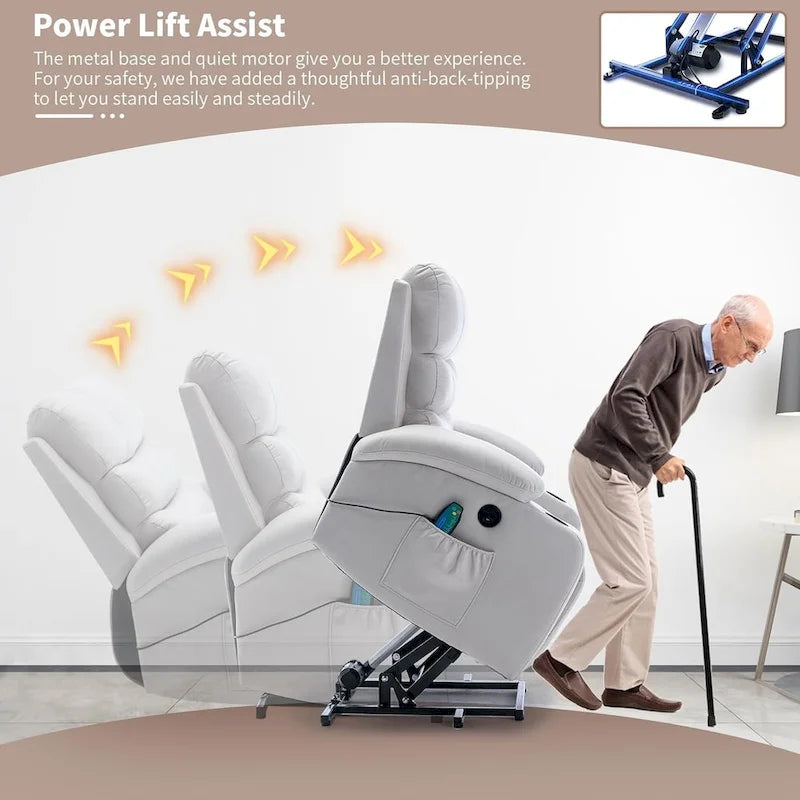 Fauteuil inclinable EROMMY Power Lift extra large avec massage et chauffage, en cuir PU avec poches, porte-gobelets et port USB