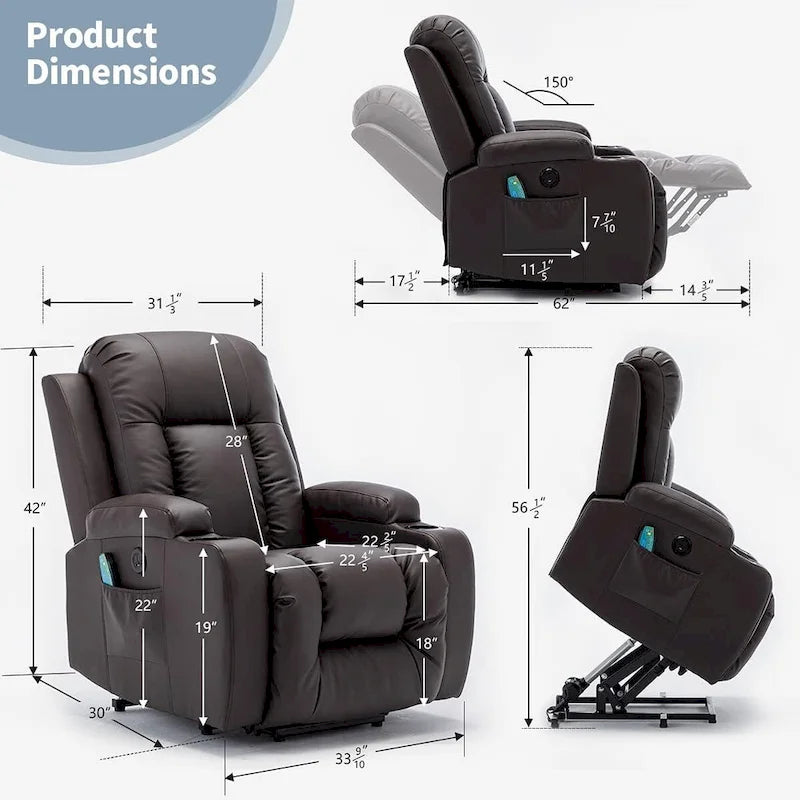 Fauteuil inclinable EROMMY Power Lift extra large avec massage et chauffage, en cuir PU avec poches, porte-gobelets et port USB
