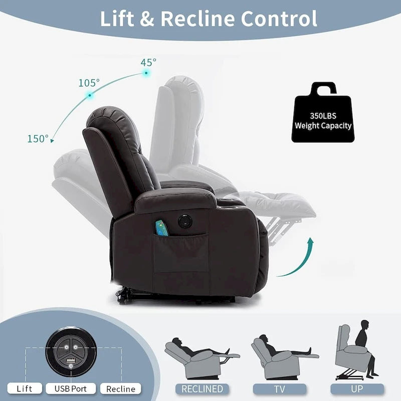 Fauteuil inclinable EROMMY Power Lift extra large avec massage et chauffage, en cuir PU avec poches, porte-gobelets et port USB