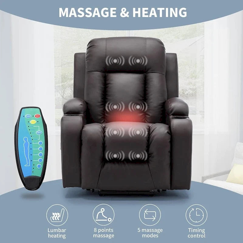 Fauteuil inclinable EROMMY Power Lift extra large avec massage et chauffage, en cuir PU avec poches, porte-gobelets et port USB