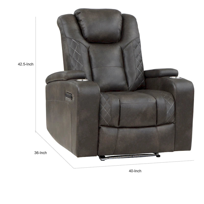 Fauteuil inclinable électrique Mia 40 pouces, similicuir gris, LED, USB, porte-gobelets
