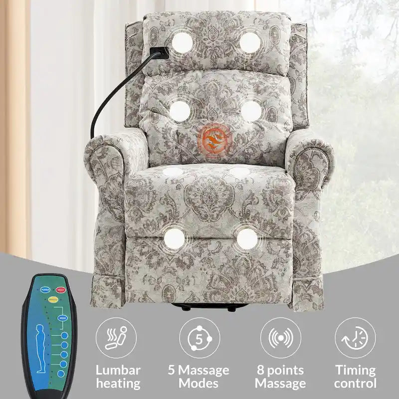 Fauteuil inclinable électrique traditionnel Billy avec aide au levage, massage, chaleur et appuie-tête manuel par HULALA HOME