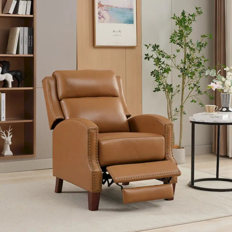 Fauteuil inclinable en cuir véritable avec dossier multi-angle et pieds en bois massif