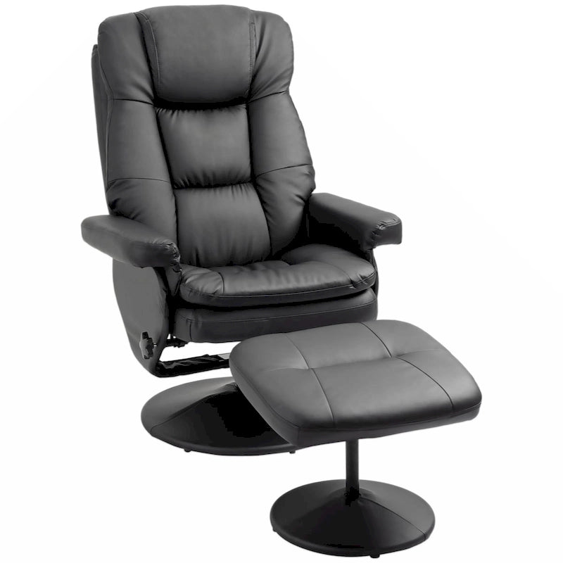 Fauteuil inclinable et ottoman avec base enveloppée, fauteuil inclinable pivotant en cuir PU avec repose-pieds, noir