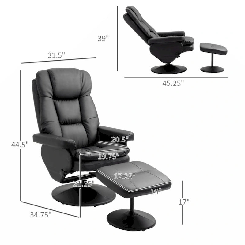 Fauteuil inclinable et ottoman avec base enveloppée, fauteuil inclinable pivotant en cuir PU avec repose-pieds, noir