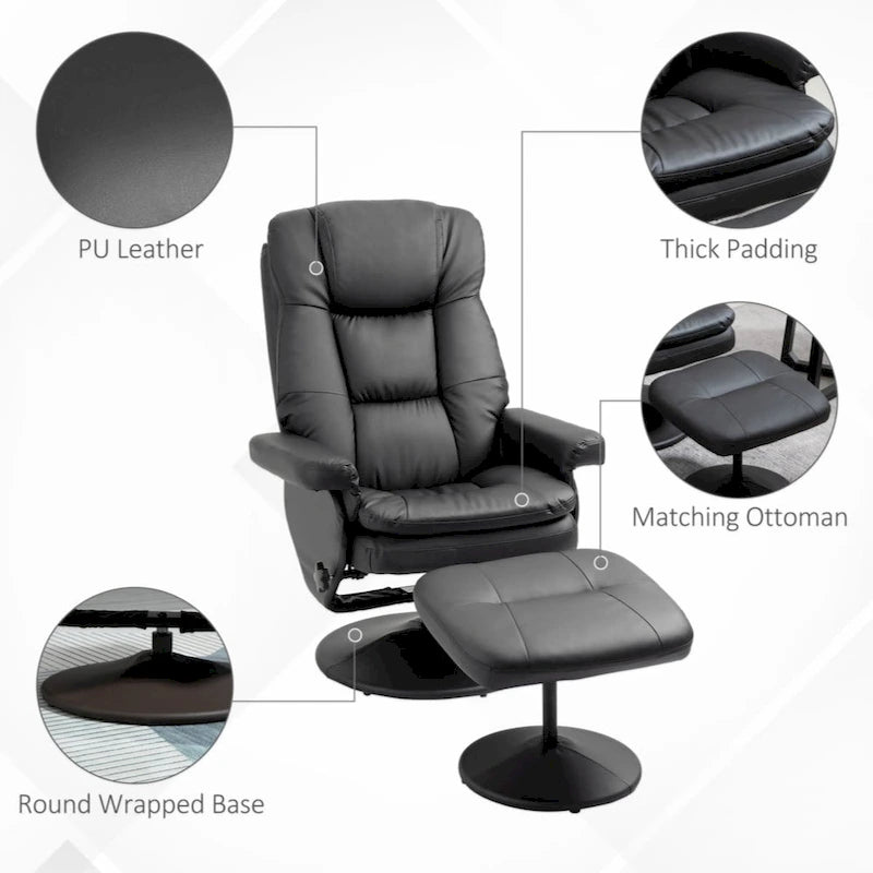 Fauteuil inclinable et ottoman avec base enveloppée, fauteuil inclinable pivotant en cuir PU avec repose-pieds, noir