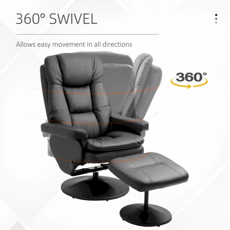 Fauteuil inclinable et ottoman avec base enveloppée, fauteuil inclinable pivotant en cuir PU avec repose-pieds, noir