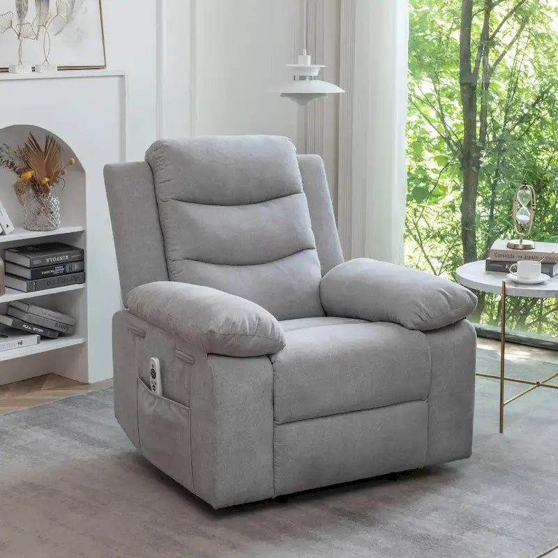 Fauteuil inclinable électrique en velours gris clair, design ergonomique, chauffant, massant, structure en acier