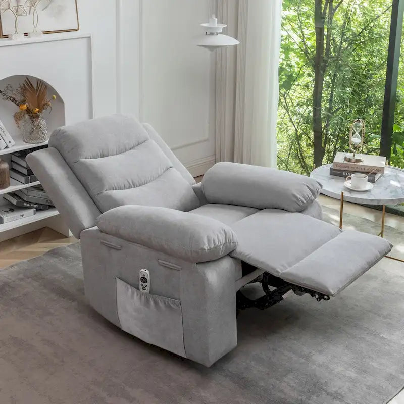 Fauteuil inclinable électrique en velours gris clair, design ergonomique, chauffant, massant, structure en acier