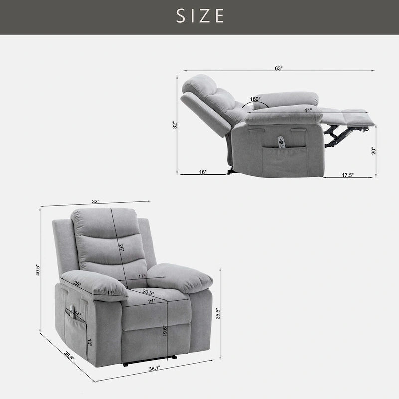 Fauteuil inclinable électrique en velours gris clair, design ergonomique, chauffant, massant, structure en acier