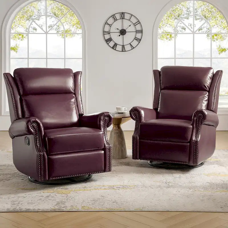 Ensemble de 2 fauteuils inclinables pivotants manuels en cuir véritable traditionnel Viviana par HULALA HOME