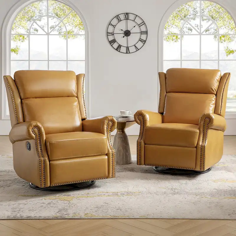 Ensemble de 2 fauteuils inclinables pivotants manuels en cuir véritable traditionnel Viviana par HULALA HOME