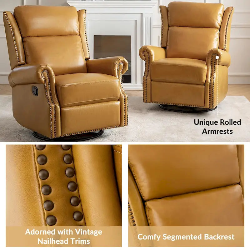 Ensemble de 2 fauteuils inclinables pivotants manuels en cuir véritable traditionnel Viviana par HULALA HOME