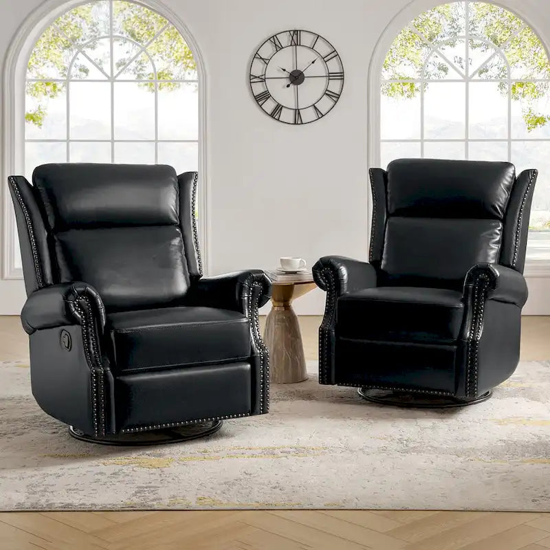 Ensemble de 2 fauteuils inclinables pivotants manuels en cuir véritable traditionnel Viviana par HULALA HOME