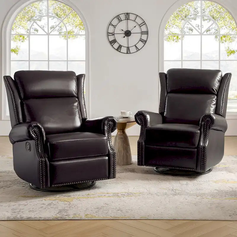 Ensemble de 2 fauteuils inclinables pivotants manuels en cuir véritable traditionnel Viviana par HULALA HOME