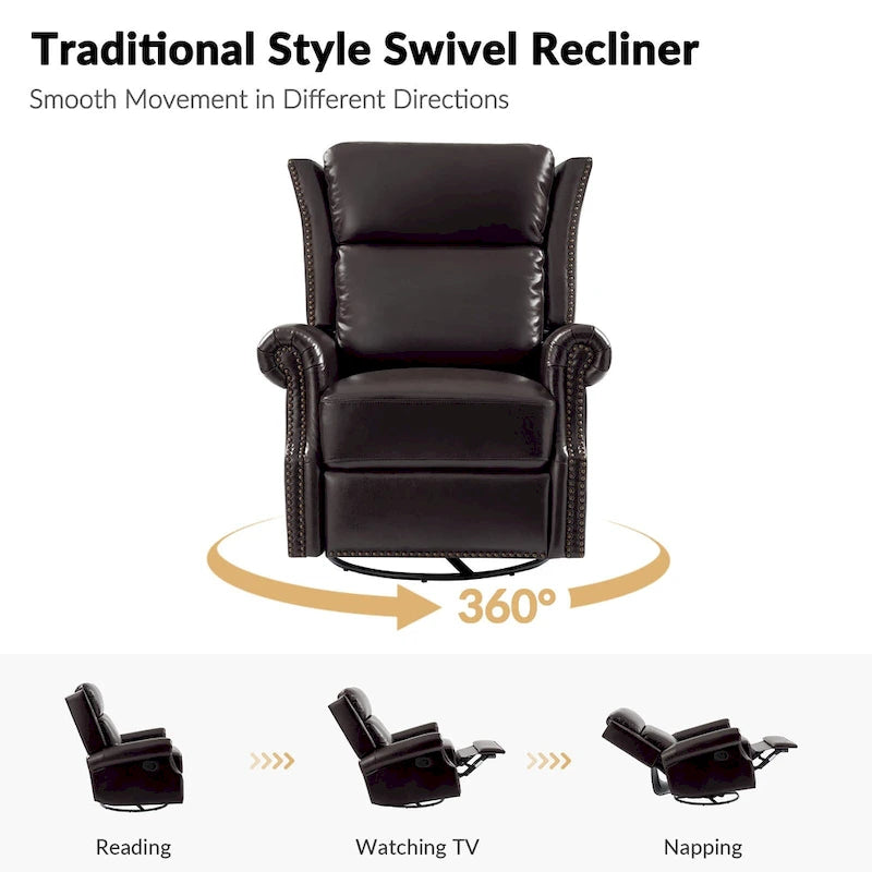 Ensemble de 2 fauteuils inclinables pivotants manuels en cuir véritable traditionnel Viviana par HULALA HOME