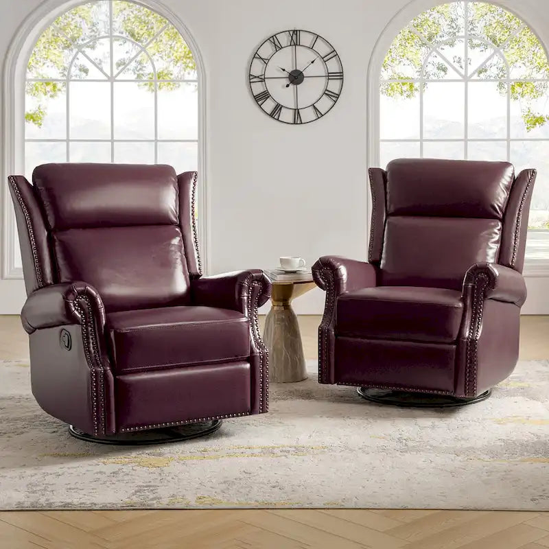 Ensemble de 2 fauteuils inclinables pivotants manuels en cuir véritable traditionnel Viviana par HULALA HOME