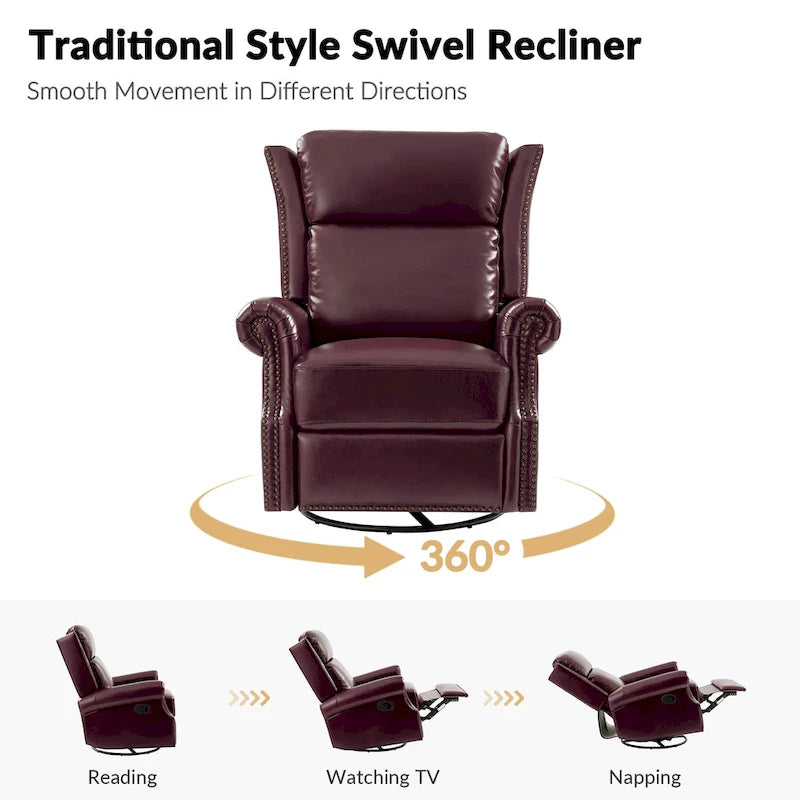 Ensemble de 2 fauteuils inclinables pivotants manuels en cuir véritable traditionnel Viviana par HULALA HOME
